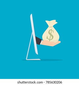 Hands holding money bag. Vector image isolated on background.