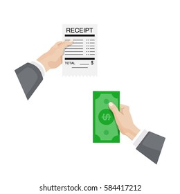 Hands holding money banknote, receipt flat illustration