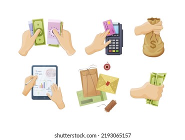 Hands holding money bills and paying with credit card. Human hands taking notes, giving money bag, creating craft envelope, using POS terminal for wireless payment. Money and finance cartoon vector