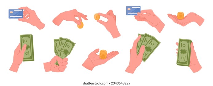 Hands holding money. Cartoon human hands with cash money, banknotes, credit cards and golden coins flat vector illustration set. Hands hold dollar cash collection