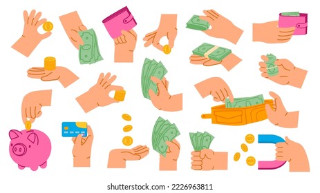 Hands holding money. Cash payment, count coins and paying with bank card. Arm with wallet, money magnet and piggy bank cartoon vector set. Taking banknotes from purse, earning profit