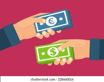 Hands holding money. Currency exchange, transfer and purchasing. Flat design vector illustration