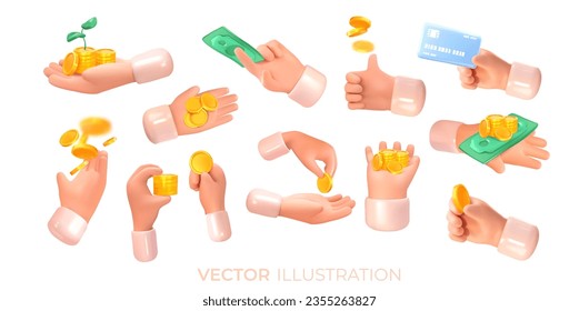 Hands holding money. Dollars and coins. Finance and income. In 3d style. Vector illustration