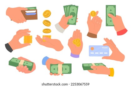 Manos sosteniendo dinero. Iconos financieros. Juego de armas humanas con dinero en efectivo, monedas, billetes, billetes de banco y tarjetas de crédito. Ilustración vectorial aislada en fondo blanco.