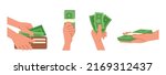Hands holding money. Financial literacy, budget and rich people. Stickers for social networks. Human palms with euro currency cash. Wallet with banknotes, dollars. Cartoon flat vector illustration