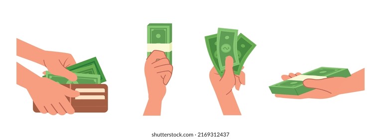 Manos sosteniendo dinero. Alfabetización financiera, presupuesto y gente rica. Etiquetas para redes sociales. Palmas humanas con dinero en euros. Cartera con billetes, dólares. Dibujo vectorial plano de dibujos animados