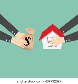 Manos sosteniendo dinero y un Vector de la casa. Plan hipotecario de la industria inmobiliaria y estrategia de ahorro de impuestos residencial