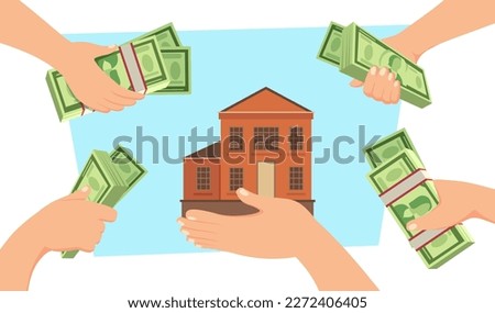 Hands holding money and house vector illustration. Many people wanting to buy property on white background. Housing shortage, housing crisis, rising inflation, property market collapse concept