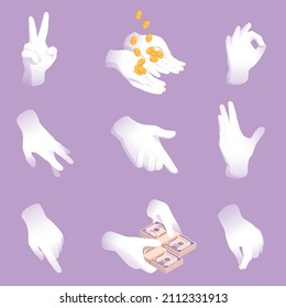 Hands holding money and making signs isometric icons set isolated vector illustration