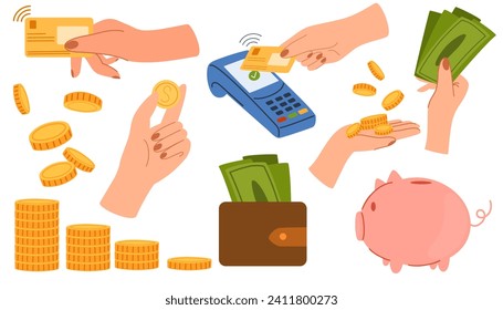 Manos sosteniendo el dinero. Armas con monedas, billetes, tarjetas bancarias, pago, recuento, entrega de moneda. Financiar ilustración vectorial plana