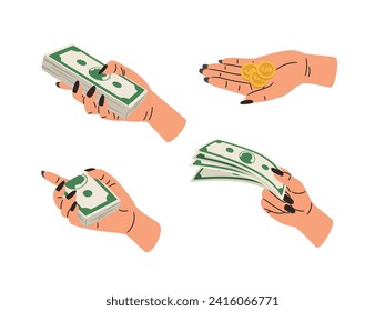 Manos sosteniendo dinero. Juego de armas con monedas y billetes. Ilustración vectorial de las finanzas con juego de manos aislado en dólares en efectivo