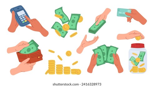 Manos sosteniendo el dinero. Armas con billetes de papel, monedas, tarjetas bancarias, terminal de pagos. Gastar, pagar, dar dinero. Ilustración dibujada a mano por concepto financiero aislada en fondo blanco.