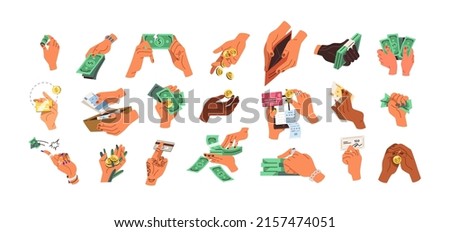 Hands holding money set. Arms with coins, banknotes, bank cards, dollar and euro bills, paying, counting, giving currency. Finance icons. Flat vector illustration isolated on white background