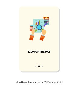 Hands holding month report flat vector icon. Accountant checking document with magnifier isolated vector illustration. Bookkeeping, management concept concept for web design and apps
