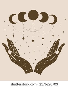 Hands holding moon cycle with stars and sparkles. Magical vector art