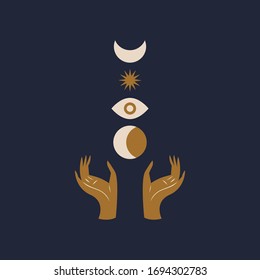 Hands holding Moon and Eye. Sacred geometry. Magic concept. Vector illustration.