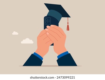 Manos sosteniendo la calculadora de sombreros de tablero de mortero o teléfono. Cálculo de préstamos estudiantiles, asignación de presupuesto educativo, gasto universitario y pago de deudas o pago de becas. Ilustración vectorial plana
