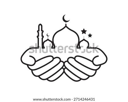 Hands holding a mosque silhouette, symbolizing prayer, devotion, and community