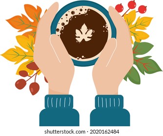 Hands holding mug of coffee decorated with autumn leaves. Cup of coffeee top view. Hot autumn drink. Autumn mood. Coffee day. Vector illustration in flat style.