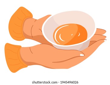 Hands holding mug filled with tea hot beverage. Isolated female character arms with mug of sweet and tasty drink. Enjoying aromatic liquid brewed in cafes or restaurant. Vector in flat style