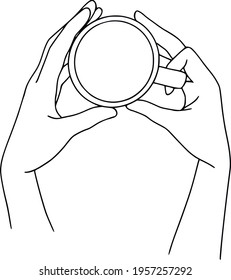 Hands holding a mug. Hand drawn line art coffee with hands. Cappuccino outline drawing. Coffee shop concept.  Female line drawing. Hot drink lover clipart.