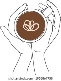 Hands holding a mug. Hand drawn line art coffee with hands. Cappuccino outline drawing. Coffee shop concept.  Female line drawing. Hot drink lover clipart.