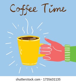 Hands holding a mug of hot black dark coffee or beverage, simple flat colorful warm vector illustration. 