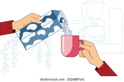 Hands holding mug with hot coffee and milk in front of a simple kitchen interior. Cartoon vector illustration in a flat style, isolated on a blue and white background. Vector illustration