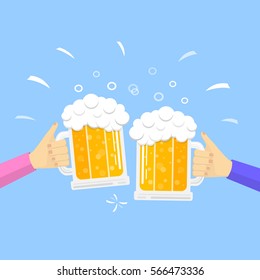 Hands holding mugs of beer on blue background. Vector.