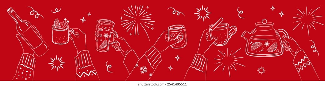 Hands holding mulled wine glasses, holiday and party atmosphere. Vector illustration in sketch style. Invitation design element, banner, template.