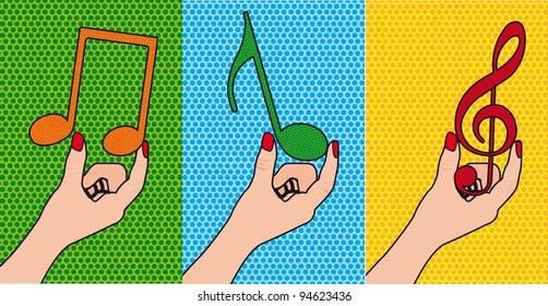 hands holding musical notes, pop art. vector illustration
