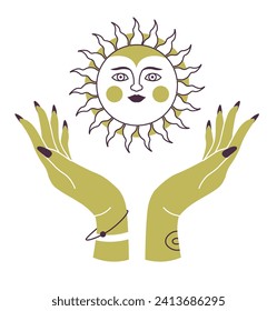 Hands holding mystic boho sun. Woman palms with solar disk. Spiritual energy and feminine power symbol. Esoteric and Wiccan mystic items. Celestial body or constellations. Vector in flat style