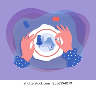 Hands holding needle and embroidering landscape. Person using embroidery hoop or frame flat vector illustration. Embroidery, creativity, hobby, needlecraft concept for banner or landing web page