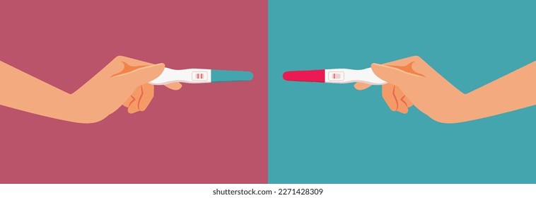 
Hands Holding Negative and Positive Pregnancy Tests Vector Medical Illustration. Woman taking two pregnancy tests with different results 
