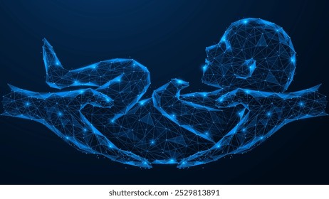 Hands holding a newborn baby. Polygonal design of interconnected lines and dots. Blue background.