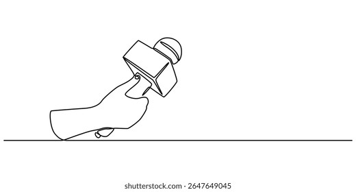 Mãos segurando o microfone de notícias em estilo de desenho contínuo de uma linha. Jornalista, conceito de repórter, desenho de arte em linha contínua de mão segurando microfone. Mão segura microfone em uma linha de desenho minimalista.