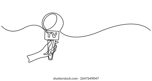 Mãos segurando o microfone de notícias em estilo de desenho contínuo de uma linha. Jornalista, conceito de repórter, desenho de arte em linha contínua de mão segurando microfone. Mão segura microfone em uma linha de desenho minimalista.