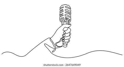 Mãos segurando o microfone de notícias em estilo de desenho contínuo de uma linha. Jornalista, conceito de repórter, desenho de arte em linha contínua de mão segurando microfone. Mão segura microfone em uma linha de desenho minimalista.