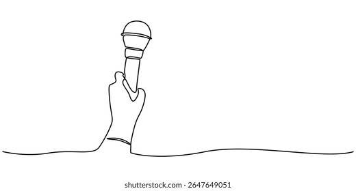 Mãos segurando o microfone de notícias em estilo de desenho contínuo de uma linha. Jornalista, conceito de repórter, desenho de arte em linha contínua de mão segurando microfone. Mão segura microfone em uma linha de desenho minimalista.