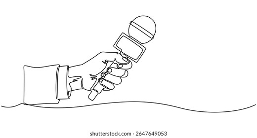 Mãos segurando o microfone de notícias em estilo de desenho contínuo de uma linha. Jornalista, conceito de repórter, desenho de arte em linha contínua de mão segurando microfone. Mão segura microfone em uma linha de desenho minimalista.