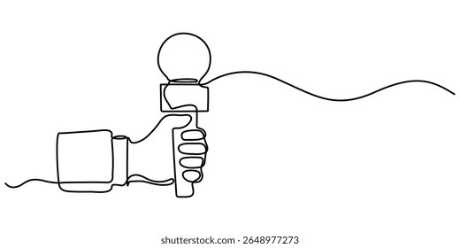  Mãos segurando o microfone de notícias em estilo de desenho contínuo de uma linha. Jornalista, conceito de repórter. Desenho contínuo de uma linha de mão segurando microfone de notícias. Arte de linha editável.