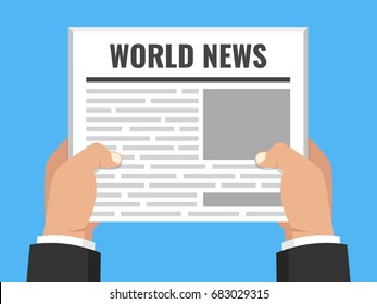 Hands holding newspaper. Daily business news gazette concept. Paper media tabloid concept. Flat cartoon style. Vector illustration.