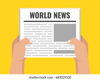 Hands holding newspaper. Daily business news gazette concept. Paper media tabloid concept. Flat cartoon style. Vector illustration.