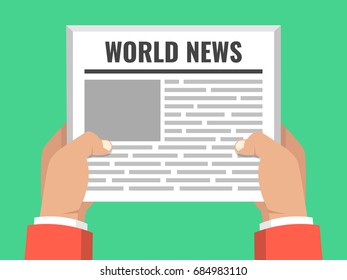 Hands holding newspaper. Daily business news gazette concept. Paper media tabloid concept. Flat cartoon style. Vector illustration.