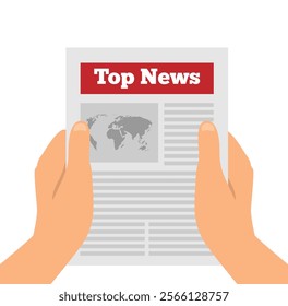 Hands Holding a Newspaper Flat Style. Reading news and following current events in mass media concept vector art