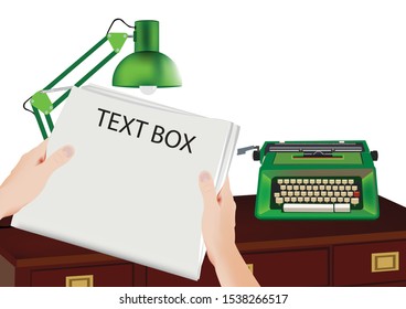 hands holding the newspaper and typewriter
