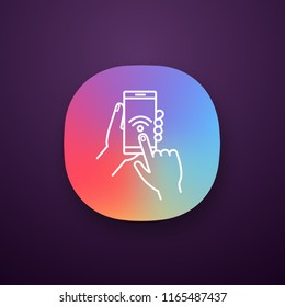 Hands holding NFC smartphone app icon. NFC phone. Near field communication. Mobile phone payment. Wifi connection. UI/UX user interface. Web or mobile application. Vector isolated illustration