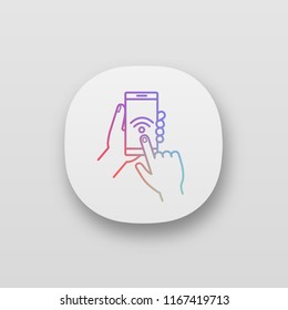 Hands holding NFC smartphone app icon. UI/UX user interface. NFC phone. Near field communication. Mobile phone contactless payment. Web or mobile application. Vector isolated illustration