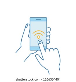 Hands holding NFC smartphone color icon. NFC phone. Near field communication. Mobile phone contactless payment. Wifi connection. Isolated vector illustration