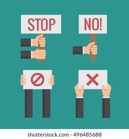 Hands holding No, Stop, Cross, Forbid protest signs. Vector flat set. Revolution and objections, page with text illustration